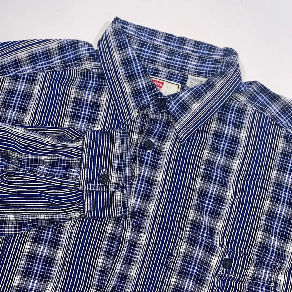 Levis Mens Large Blue‎ Mixed Plaid Striped Long Sleeve Button Up Shirt Cotton
